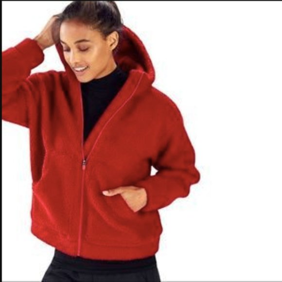 Women M Fabletics Lotta Full Zip Hoodie Sherpa Teddy Fleece Red Jacket Coat - Picture 6 of 10